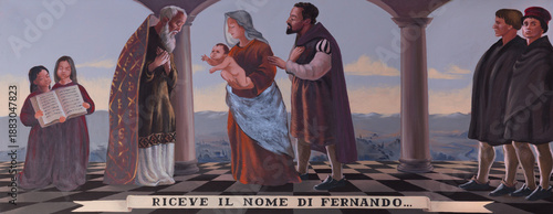 CAVA DE TIRRENI, ITALY - OCTOBER 7, 2025: The painting of  The St. Anthony of Padua receives the name Fernando in the church Chiesa di San Francesco e Sant Antonio by A. Dubinin (2009)