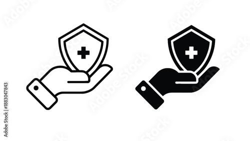 A medical shield icon with a hand for healthcare protection and safety