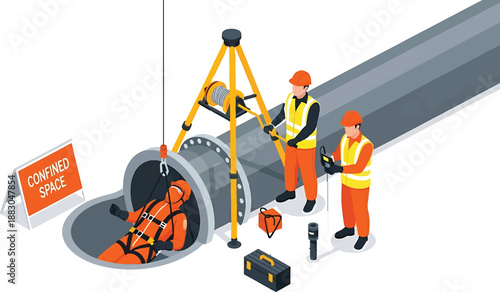 Workers in orange safety gear inspect large pipe with tripod and equipment on site