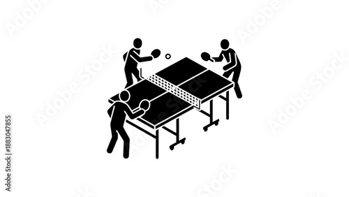 Four people playing a game of table tennis together in a team