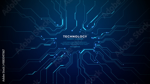 Abstract semiconductor pattern with glowing electronic pathways and microchip elements on dark blue technological surface, ideal for banners. Digital technology vector background. 