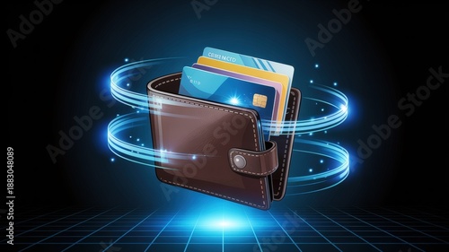 Digital wallet with credit cards and glowing energy rings, symbolizing secure online payments.