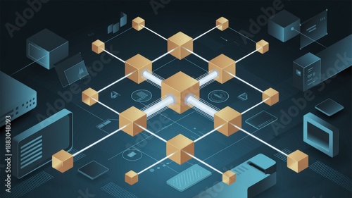 Abstract digital network of interconnected cubes symbolizing blockchain technology and data flow.