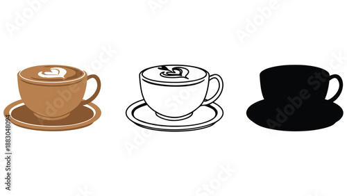 Three coffee cups in different styles on a white background