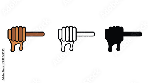 Three honey dipper icons in different colors on a white background