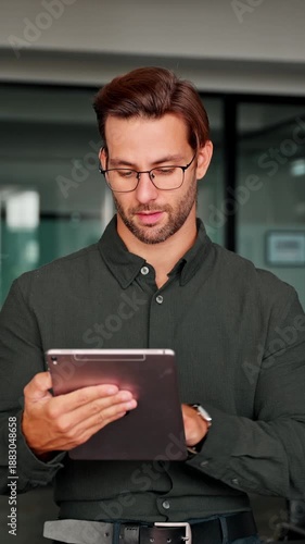 Focused young European entrepreneur businessman looking at digital tablet screen typing in office. Executive latin hispanic man in working using computer for financial business banking work. Vertical