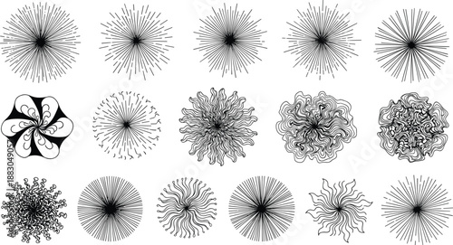 Abstract radial burst designs with symmetrical, spiky, swirling, and wavy patterns for decorative vector illustration