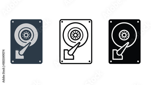 Three icons of hard disk drives in different colors on a white background