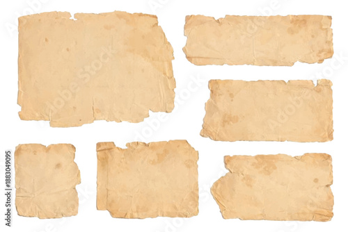 Vintage torn paper scrap collection isolated on transparent, background texture, pieces of old ripped paper	