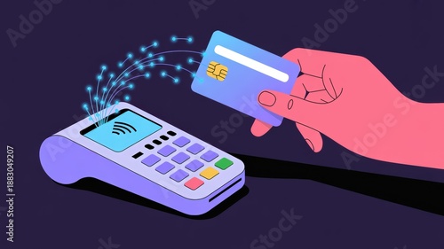 Contactless payment with credit card and modern terminal, digital transaction concept