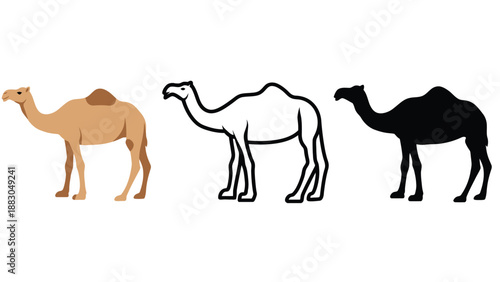 An illustration of three camels in different colors and styles standing side by side