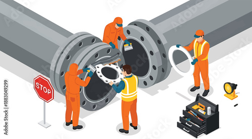 Workers in orange uniforms repairing large industrial pipeline with tools and stop sign