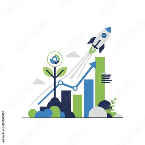 Business Growth Rocket Launching Upwards Above Financial Chart
