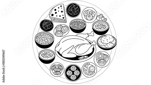 Traditional Middle Eastern food spread line art illustration.