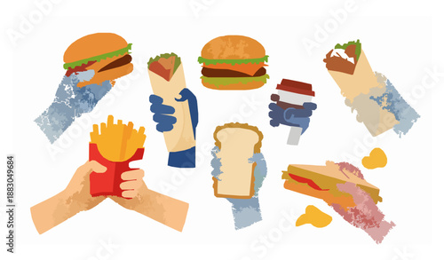 Hands holding fast food modern collage with halftone style street food vector
