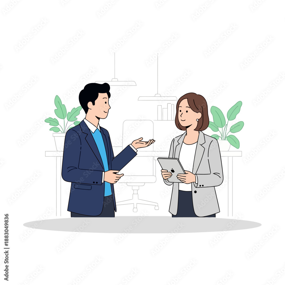 Fototapeta premium Business meeting: man and woman discuss project on tablet in modern office