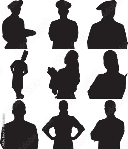Black Silhouettes of Various Occupations on White Background
