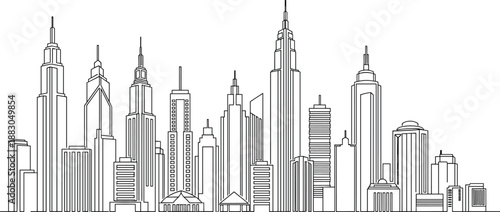 Black and white city skyline with tall buildings, skyscrapers, architectural styles, urban landscape, line art vector illustration