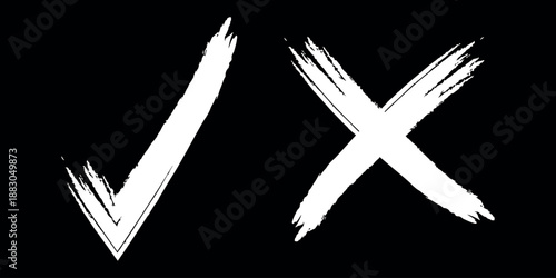 Check tick mark icon set. Cross box x check mark checkbox list vector draw hand drawn sketch doodle brush marker checklist symbol wrong right circle. hand drawn, grunge X sign. hand drawn tick mark.