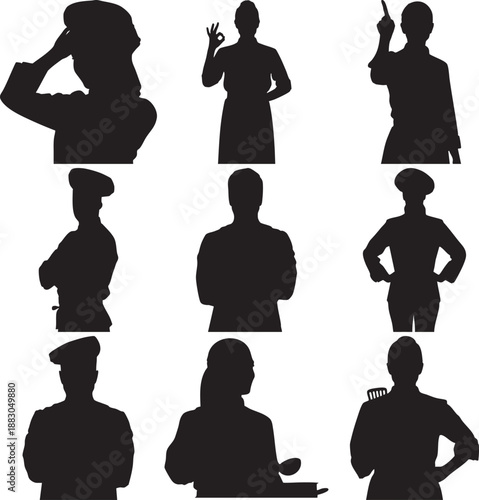Black Silhouettes of Various Occupations on White Background