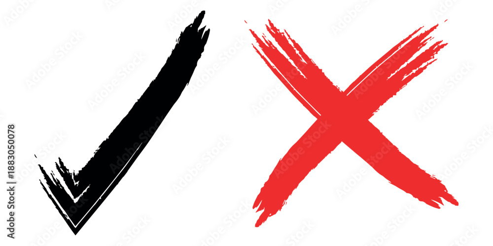 Fototapeta premium Check tick mark icon set. Cross box x check mark checkbox list vector draw hand drawn sketch doodle brush marker checklist symbol wrong right circle. hand drawn, grunge X sign. hand drawn tick mark.