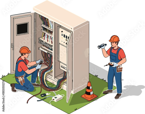 Two technicians in orange hard hats repair and maintain a large server cabinet with tools
