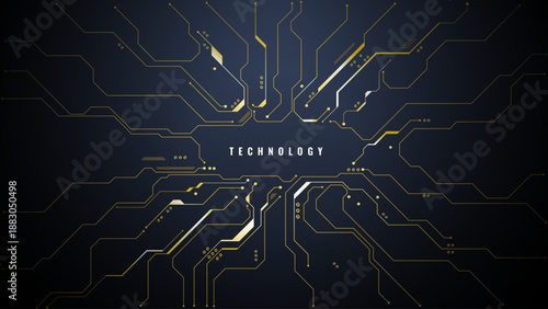 Futuristic microchip pattern on dark luxury background with central space for text. Digital network lines create sophisticated tech aesthetic for AI presentations. Digital vector illustration 