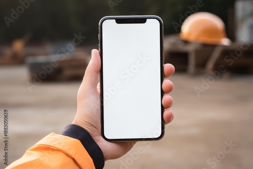 Worker hand holding a modern smartphone with a blank white screen, ideal for mockup display © nsit0108