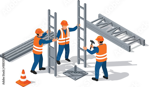 Construction workers assembling metal ladders on a site with safety gear and tools