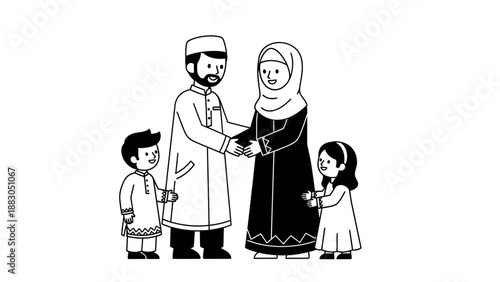 Happy Muslim family greeting each other for Eid al-Fitr celebration illustration.