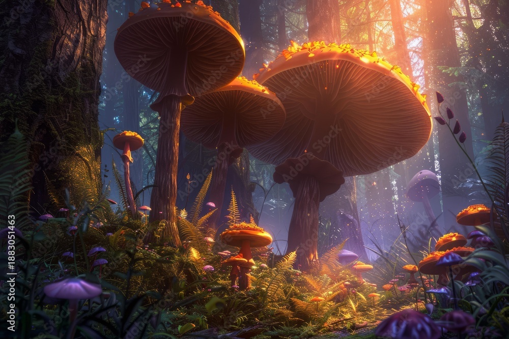 Fototapeta premium Fantasy mushrooms with glowing orange caps growing in a magical forest at sunset, creating a mystical atmosphere
