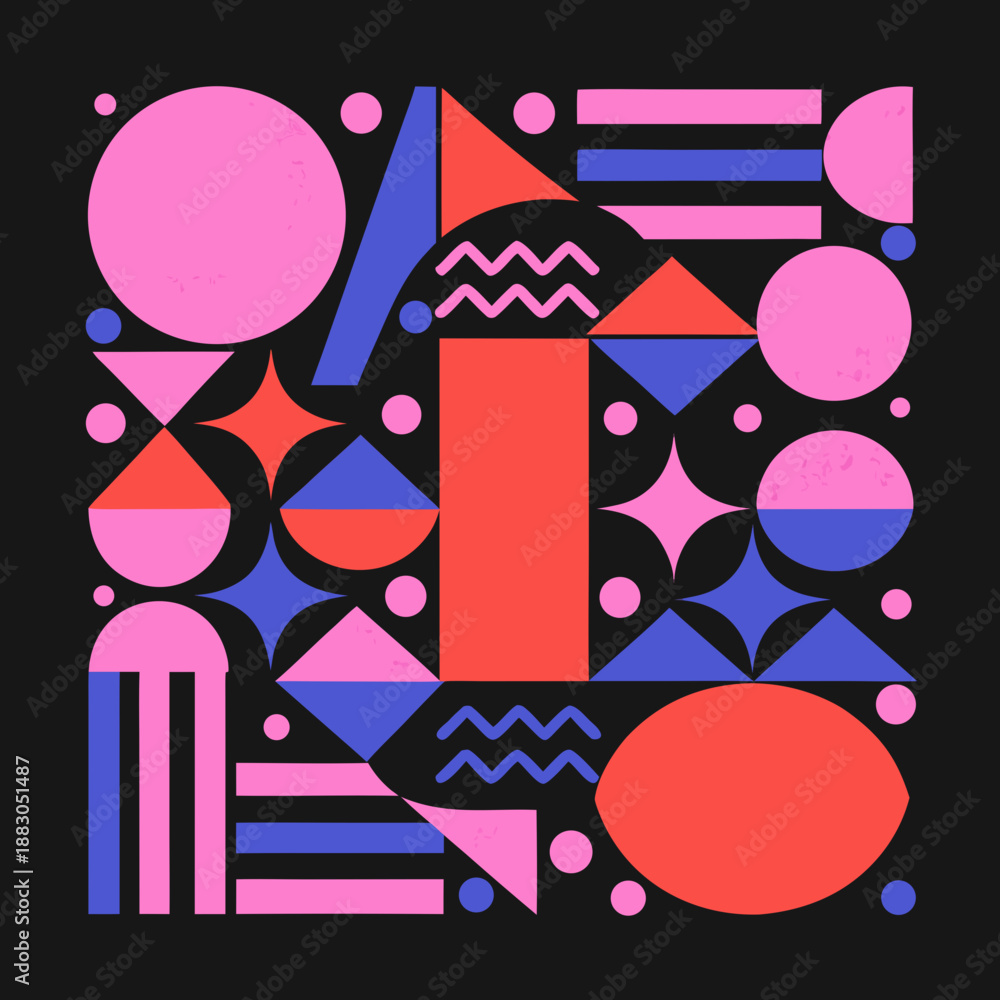 Obraz premium Vibrant geometric shapes arranged in a dynamic composition featuring circles, triangles, and rectangles in various sizes and colors, creating a visually striking design