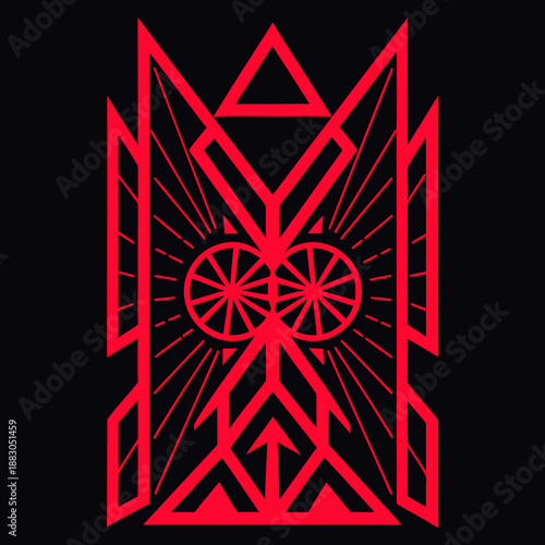 Geometric patterns and abstract designs in red on a dark background