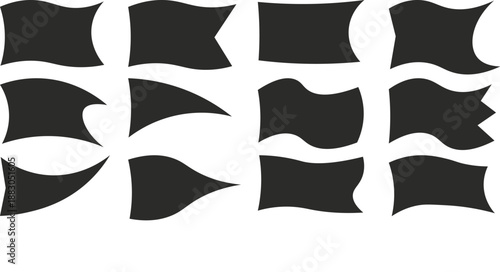 Black waving flag shape collection with flat minimal silhouettes for icons, labels, markers and graphic design vector