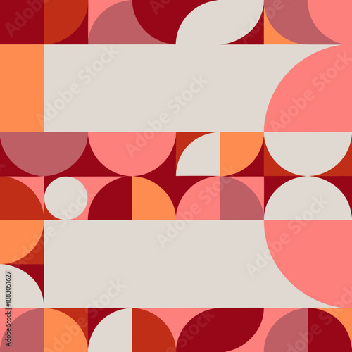 Abstract geometric pattern featuring circles and rectangles in various shades of red, orange, and white, creating a vibrant and dynamic composition from a frontal viewpoint