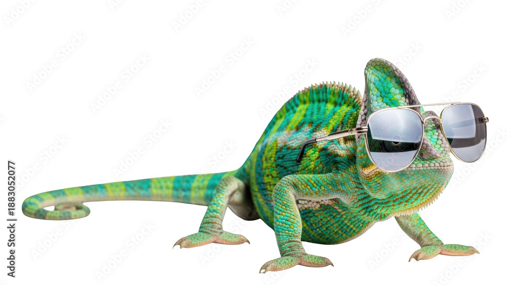 Fototapeta premium Green Chameleon Wearing Virtual Reality Goggles.