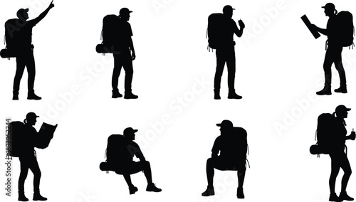 Backpacker hiker silhouette poses set, traveler pointing reading map resting drinking water, outdoor adventure trekking camping lifestyle, black vector illustration