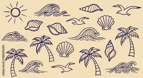 Hand-Drawn Coastal Doodle Icons with Sun Waves Shells Palm Trees and Seabirds – Minimal Single-Color Vector Line Set