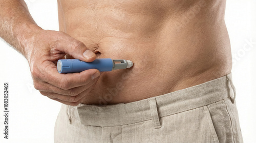 Man injecting insulin or semaglutid into abdomen with insulin or semaglutid pen for diabetes self care