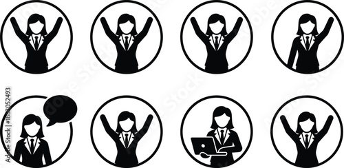 Businesswoman success icon set, female leadership pictograms, professional woman silhouettes, celebration teamwork communication symbols, corporate achievement concept, minimal design, isolated white