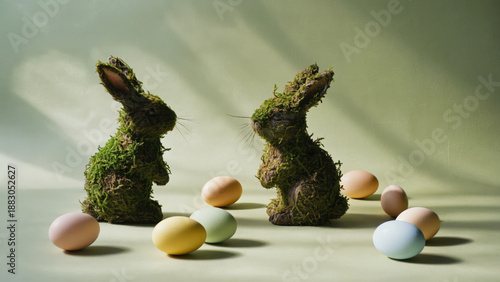 Two bunny figurines made of moss softly nod at each other while surrounded by colorful eggs in a light-green space during the Easter celebration. Soft rays enhance the cheerful atmosphere