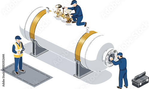 Three workers in blue uniforms inspect and maintain a large industrial cylindrical machine with yellow bands