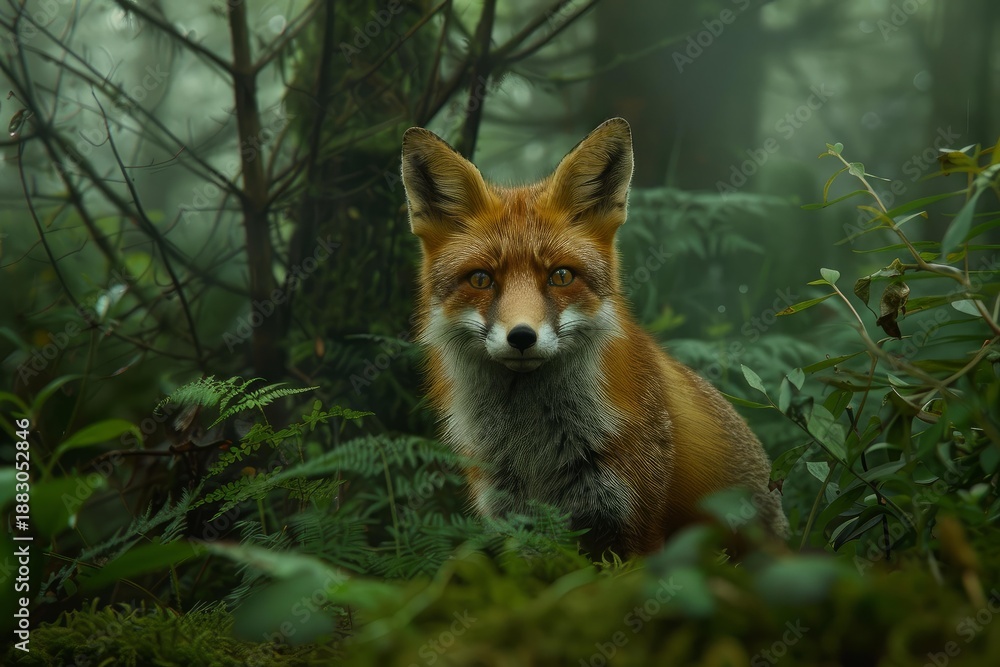 Fototapeta premium Wild red fox peering through the misty undergrowth of a lush green forest