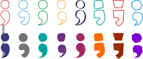 Hand drawn colorful quotation marks and comma punctuation shapes set vector