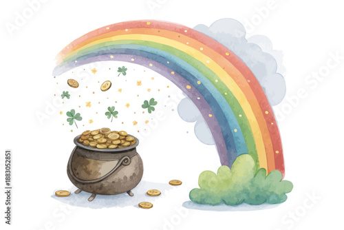 Watercolor Pot of Gold and Rainbow, Lucky St. Patrick’s Day Irish Vector on White Background