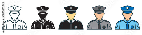 Police officer avatar icons in various styles representing law enforcement and authority