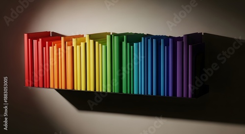 Rainbow spectrum color gradient arranged book spines on shelf against neutral wall