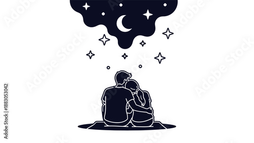 Silhouette Illustration of a Romantic Couple Looking at the Moon and Stars.