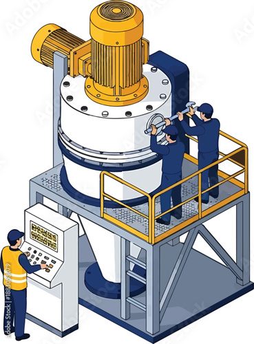 Industrial machinery with workers operating controls and maintenance on large equipment platform