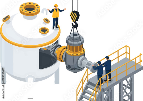 Industrial workers operating heavy machinery on a platform with a large cylindrical tank